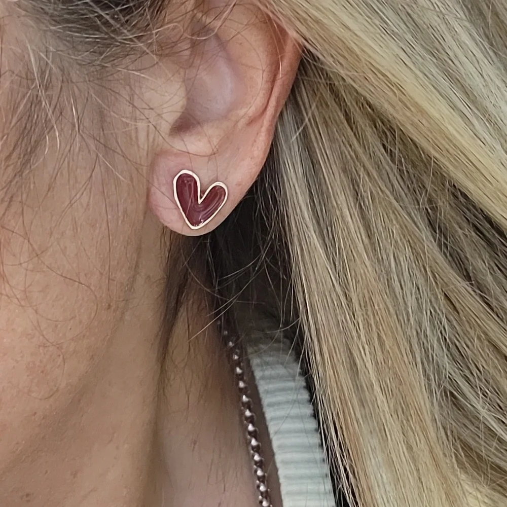 BURGUNDY HEART STUD EARRINGS - Picture 1 of 7